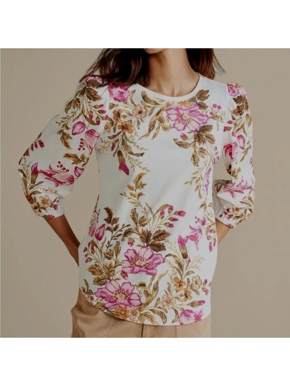 Soft Surroundings Leslie cotton knit Bracelet  Sleeve Top Floral Print Beads S